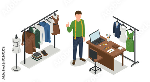 Isometric fashion designer workspace with clothing racks and desk setup