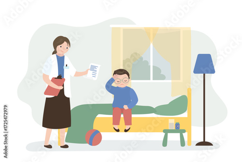 Kid having cold and fever. Sick boy sitting on bed. Doctor pediatrician or nurse and little schoolboy in room interior. Sick child, illness, treatment.