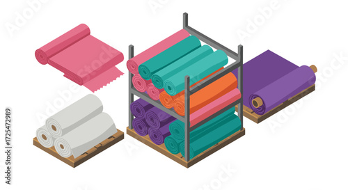 Isometric textile rolls and storage racks in vibrant colors