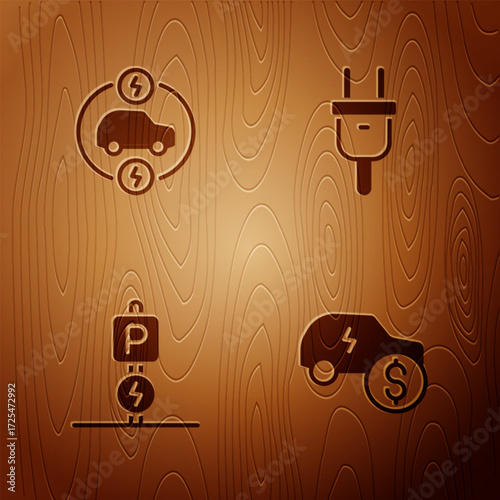 Set Electric car price, Charging parking electric and plug on wooden background. Vector