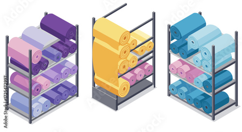 Colorful textile rolls on metal shelves in isometric style for fashion and interior design
