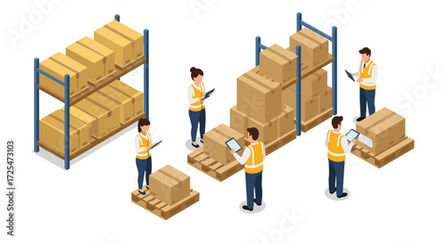 Isometric warehouse management with workers organizing boxes on shelves