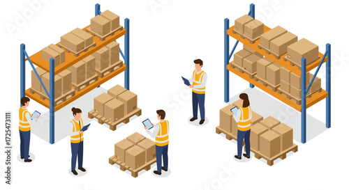 Warehouse management team utilizing digital tablets for efficient inventory control