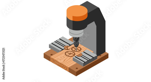 Isometric cnc machine engraving wood plank with precision drilling process