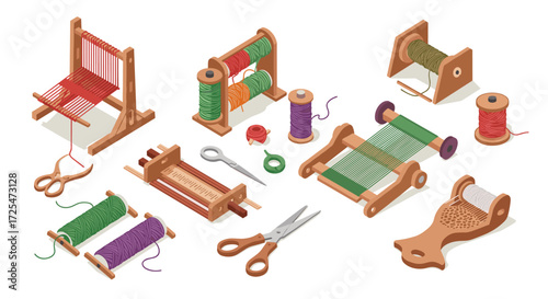 Colorful yarn and loom tools in isometric view for creative weaving projects