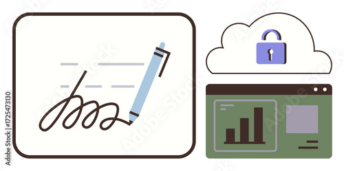 Pen flowing ink signature, locked cloud symbolizing data security, and analytics in a browser window. Ideal for digital privacy, technology, cybersecurity, remote work, workflows, internet simple