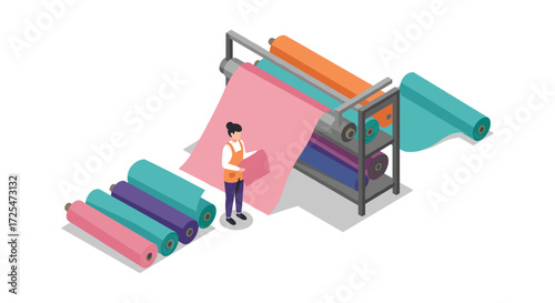 Isometric textile production process with colorful fabric rolls and worker