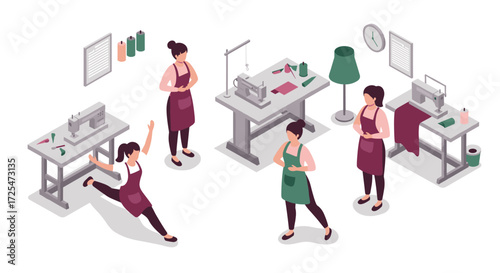 Isometric sewing workshop with people: creative tailoring and design scene with sewing machines