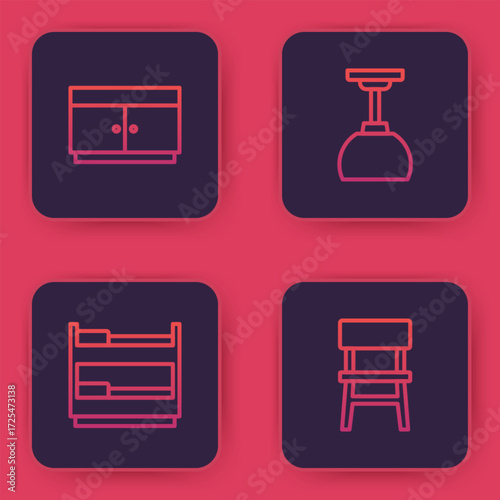 Set line Chest of drawers, Bunk bed, Lamp hanging and Chair. Blue square button. Vector