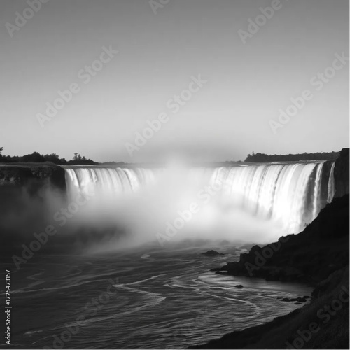 A HDR depiction of Niagara Falls during twilight in summer, under clear sky conditions, capturing unique natural textures and atmospheric mood.