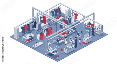 Isometric clothing factory interior with workers and machinery