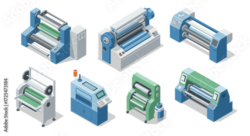 Isometric printing machines set with industrial rollers and modern design elements