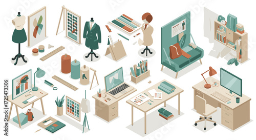 Modern isometric art studio with fashion and design elements