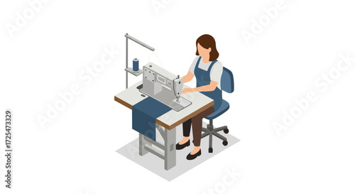 Seamstress working on sewing machine in isometric style for tailoring and fashion design