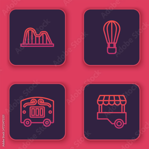 Set line Roller coaster, Circus wagon, Hot air balloon and Fast street food cart. Blue square button. Vector