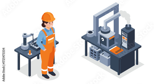 Isometric factory worker and machinery in industrial setting