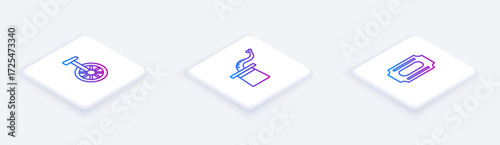Set Isometric line Unicycle or one wheel bicycle, Magician hat and Circus ticket. White square button. Vector