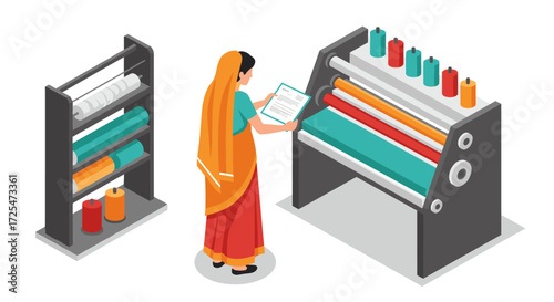 Woman in traditional dress operating printing machine in isometric design