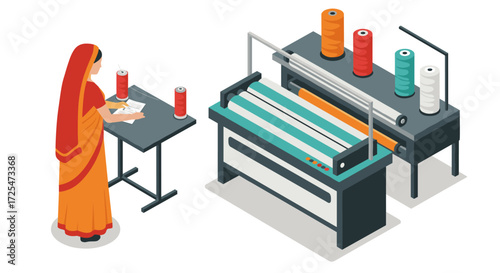 Woman in traditional saree operates textile machinery at modern factory setting