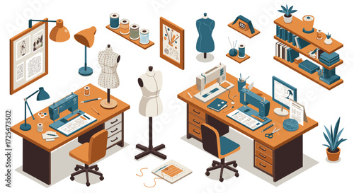 Creative sewing workshop with modern fashion design elements in isometric style