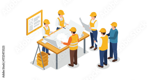 Isometric team of engineers analyzing blueprint at construction site