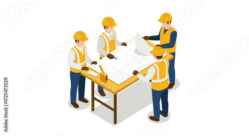 Construction team reviewing blueprint on table in isometric style