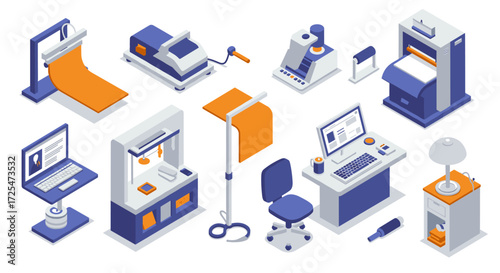 Modern 3d printing technologies in isometric style featuring office and industrial equipment