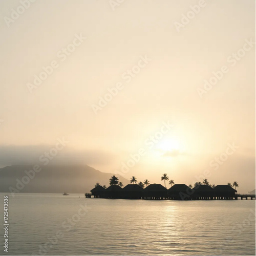 A vintage film depiction of Bora Bora Lagoon during golden hour in summer, under misty conditions, capturing unique natural textures and atmospheric mood.