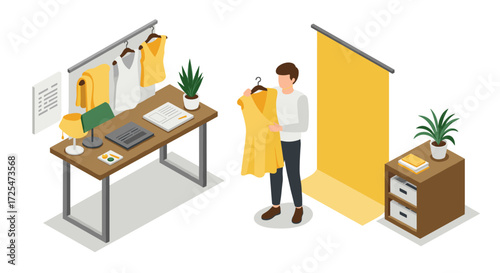 Fashion designer choosing outfit in modern isometric workspace