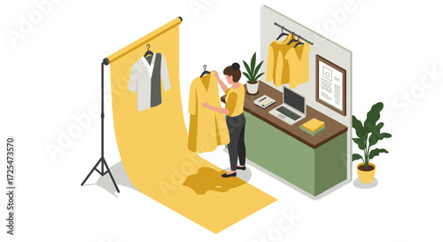 Fashion designer adjusting outfit in modern studio with isometric design