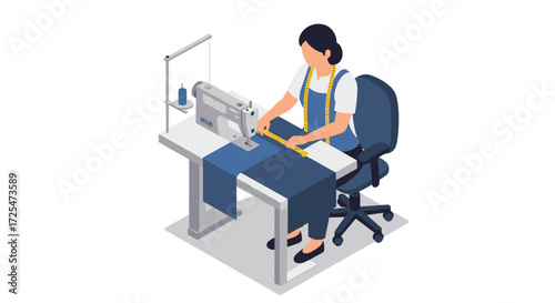 Seamstress working at sewing machine in modern isometric style
