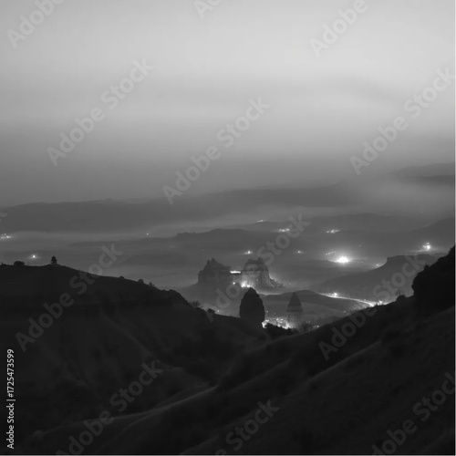 A long exposure photography depiction of Cappadocia Valleys during twilight in autumn, under misty conditions, capturing unique natural textures and atmospheric mood.
