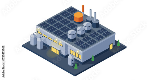 Isometric sustainable factory design with solar panels and modern architecture