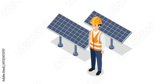 Isometric worker standing by solar panels in renewable energy concept