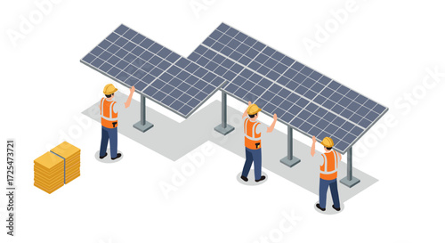Workers installing solar panels in isometric style for renewable energy project