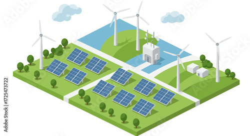 Renewable energy landscape with solar panels and wind turbines in isometric design