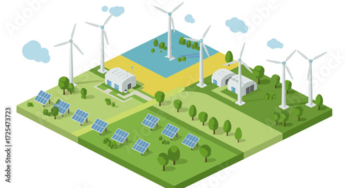 Sustainable energy park with wind turbines and solar panels in isometric design