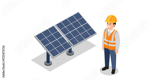 Isometric solar panel technology with worker in safety gear