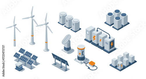 Isometric energy sources and storage: wind turbines, solar panels, and batteries for sustainable solutions