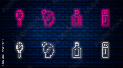 Set line Hairstyle for men, Bottle of shampoo, Hand mirror and Shaving gel foam. Glowing neon icon on brick wall. Vector