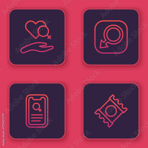 Set line Heart with female gender, Dating app, Male and Condom package. Blue square button. Vector