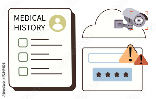 Medical history document, surveillance camera, secured password field with warning signs emphasize privacy, data security, healthcare cybersecurity, surveillance concerns, online safety. Ideal