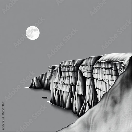 A watercolor painting depiction of Cliffs of Moher during midnight in winter, under clear sky conditions, capturing unique natural textures and atmospheric mood.