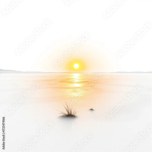 A watercolor painting depiction of Salar de Uyuni during golden hour in winter, under snow-covered conditions, capturing unique natural textures and atmospheric mood.