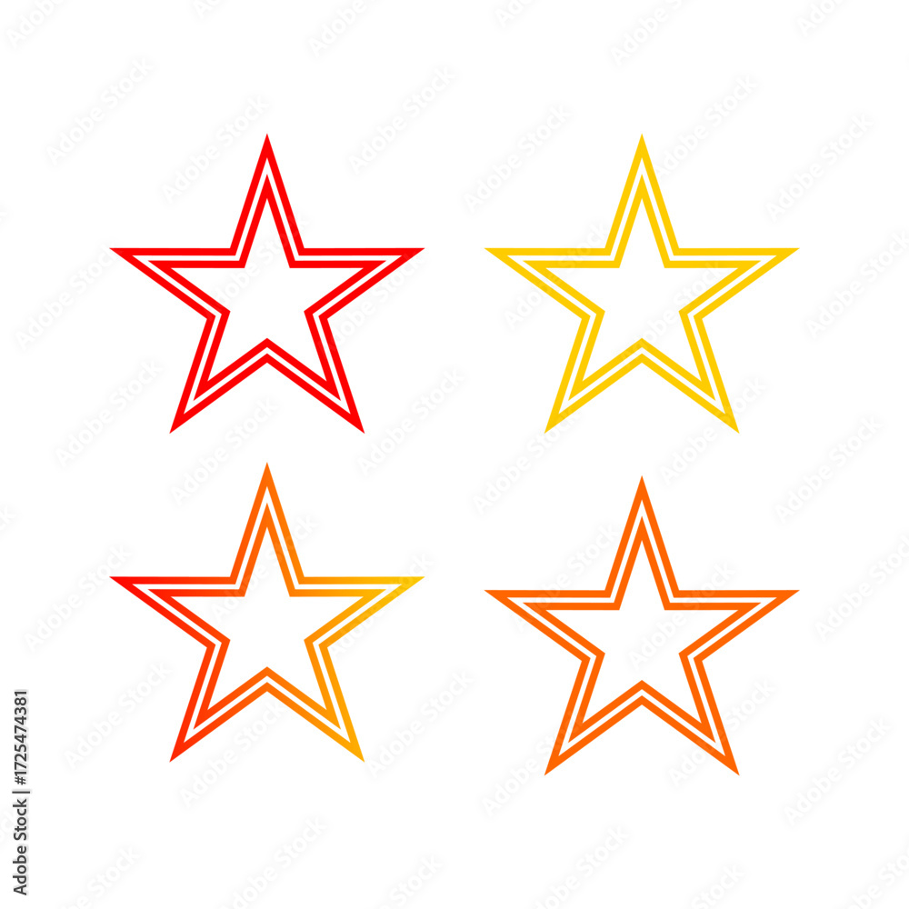 Obraz premium Four outlined stars in varying shades of red, orange, and yellow, arranged in a two-by-two grid on a white background.