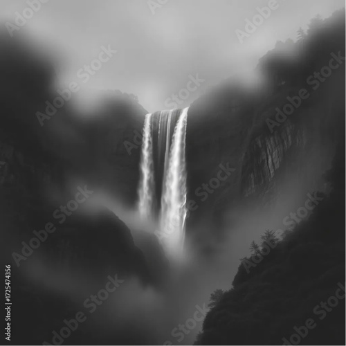 A photorealistic depiction of Angel Falls during midnight in spring, under misty conditions, capturing unique natural textures and atmospheric mood.