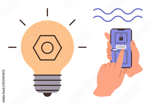 Lightbulb representing ideas beside a smartphone being unlocked by a hand gesture. Ideal for innovation, smart technology, creativity, inspiration, problem-solving, digital transformation, simple