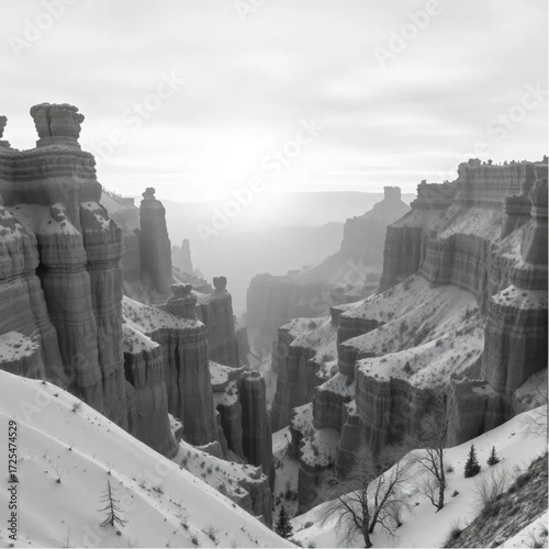A surreal depiction of Bryce Canyon during sunrise in winter, under misty conditions, capturing unique natural textures and atmospheric mood.