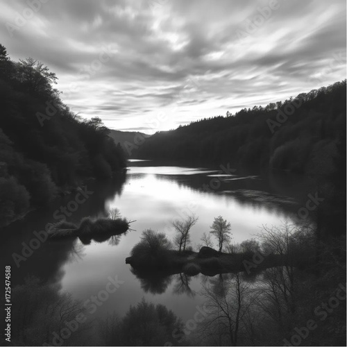 A surreal depiction of Plitvice Lakes during twilight in autumn, under windy conditions, capturing unique natural textures and atmospheric mood.
