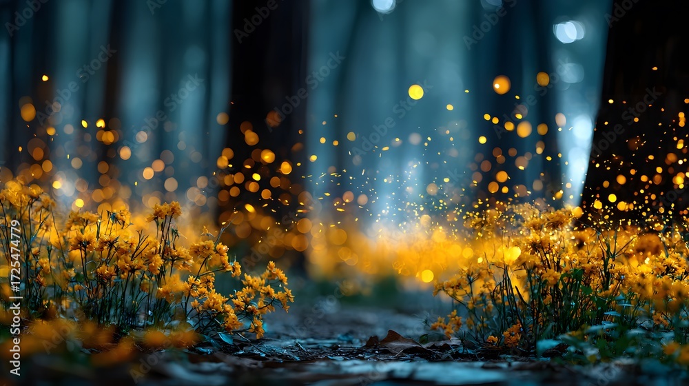 Fototapeta premium Magical, enchanted forest floor at dusk, illuminated by a swarm of glowing yellow fireflies floating above the grass and between the dark silhouettes of the trees.